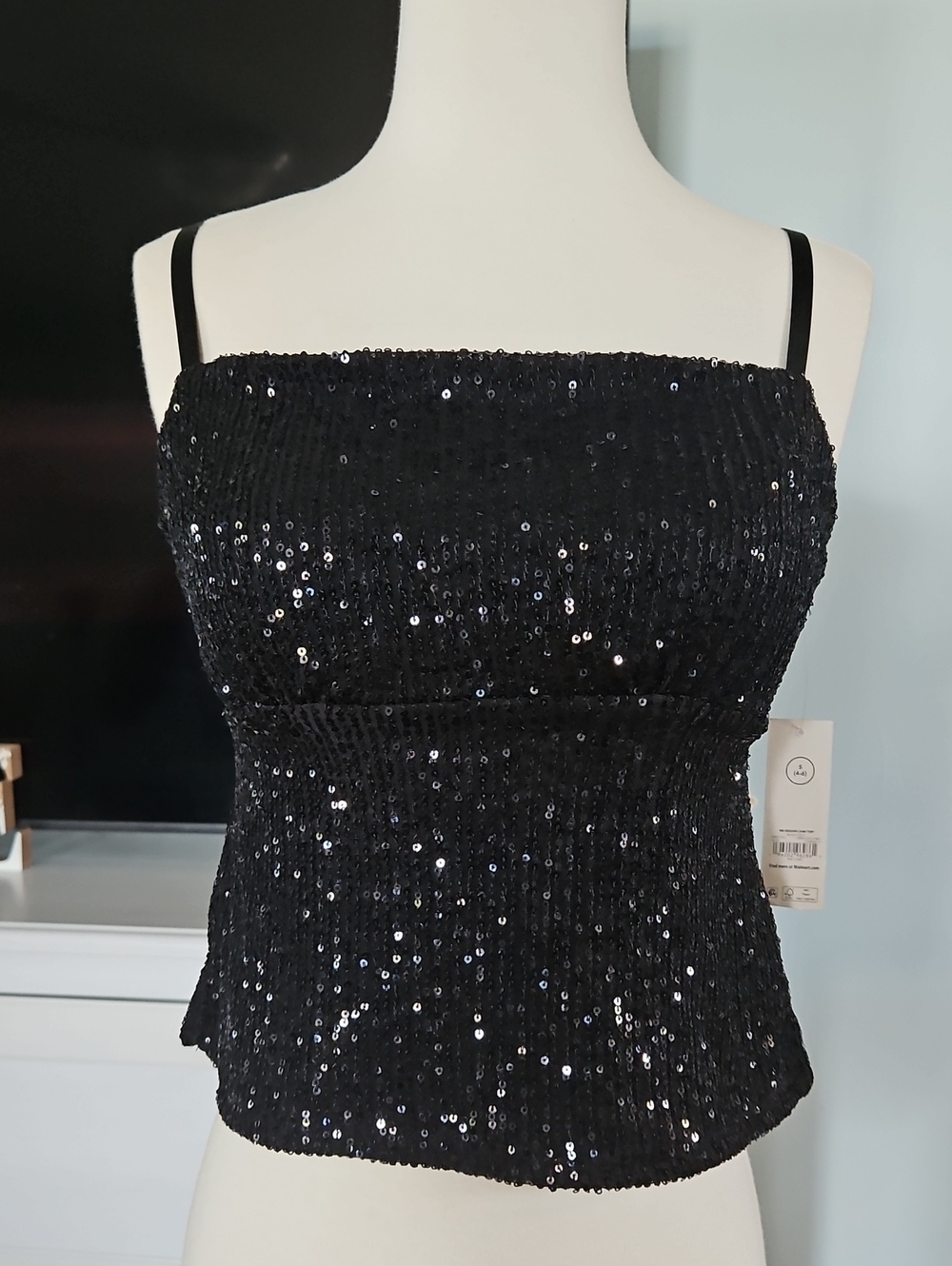 No Boundaries Black Sequin Strapless Camisole with Thin Straps
